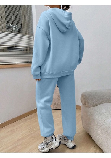 Happiness Eşofman Takımı Sweatshirt Jogger - Bebe Mavi Baskılı Oversize Şardonlu Kapüşonlu Bebe Mavi