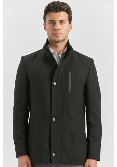 Kaşe Dik Yaka Kapitoneli Astar Slim Fit Dar Kesim Klasik Kaban 1008245150-siyah Siyah