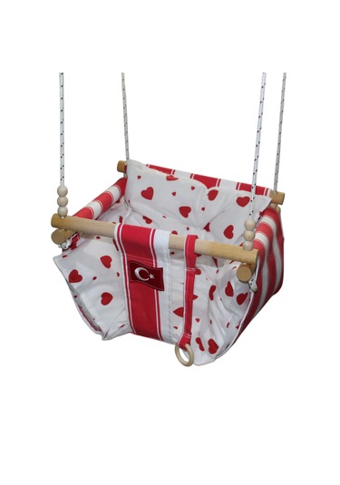 Ahşap Bebek Salıncağı Minder Yastık Ve Diş Halkalı Ay Yıldız Salıncak Kırmızı - Beyaz