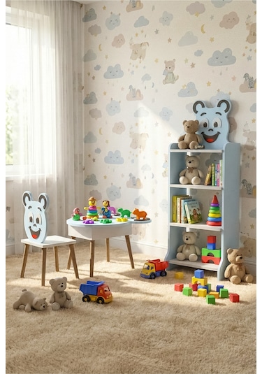 Çocuk Mobilya Seti Happy Face Masa - Sandalye ve 4 Raflı Kitaplık Sevimli Figürlü Mavi