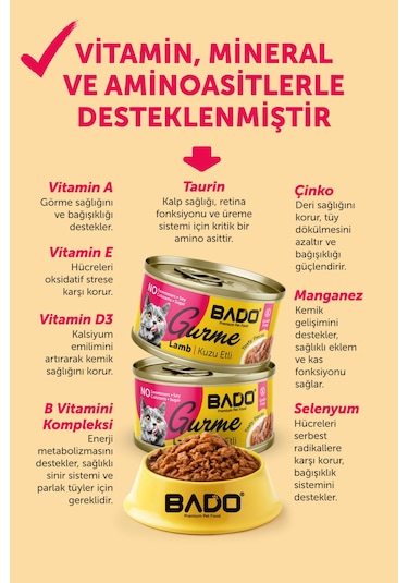 Bado Gurme Yaş Yetişkin Kedi Maması Kuzu Etli 85 Gr 36 Adet