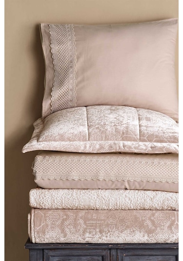 Elart Çeyiz Paketi 10 Parça Yatak Örtüsü+nevresim Takımı+battaniye Nüans Ekru