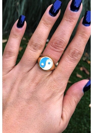 Niki Aksesuar Mavi Beyaz Renk Ying Yang Yüzük - Ayarlamalı Mavi - Beyaz