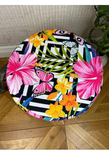 Pembe Çiçekli Puf Oturan Bench Tabure Koltuk Pembe Ahşap Ayak