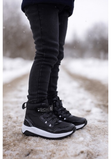 Kız Çoçuk Sim Detaylı Kışlık Kaymaz Taban Su Geçirmez Cırt Cırtlı Yarım Bot Siyah