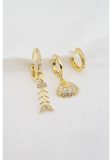 Kadın Altın Kaplama Zirkon Taşlı Deniz Kabuğu Figürlü 3'lü Küpe Seti Altın