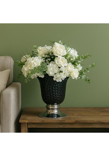 Siyah Dokulu Vazo Beyaz Gül & Ortanca Yapay Aranjman Salon