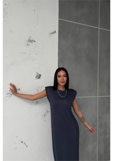 Neşeli Butik Kadın Vatkalı Yırtmaç Detaylı Modal Elbise Nbg010 Antrasit