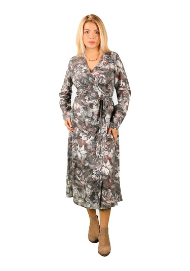 Kadın Çapraz Kapamalı Çiçek Baskılı Viskon Elbise Gri