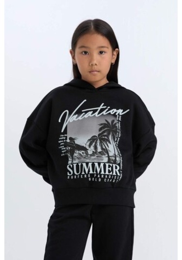 DeFacto Kız Çocuk 2'li Takım Kapüşonlu Baskılı Sweatshirt Beli Lastikli Jogger Alt D2219A824WNBK81 Siyah
