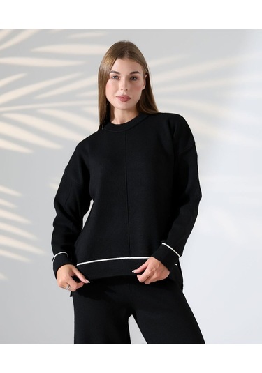 Kontrast Dikişli Kadın Triko Takım Siyah