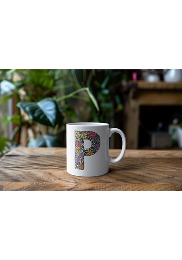 P Baş Harf Çiçek Desenleri İle Natural Tarz Kupa Bardak - Kişiye Özel Çiçekli Kahve Çay Bardak - Beyaz