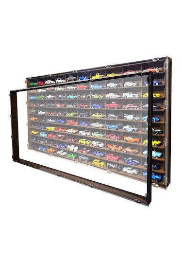 Şeffaf Kapaklı Ceviz 100 Araçlık Yatay Hobi Araba Rafı Ceviz