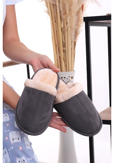 Wordex U050 Unisex Kışlık Ev İçi Terliği Kürklü Yünlü Terlik Gri
