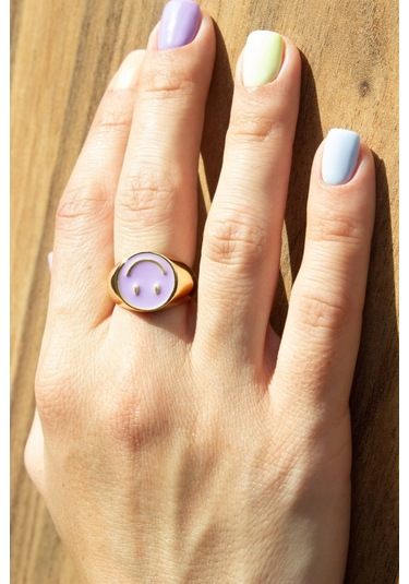 Mor Renkli Altın Kaplama Ayarlanabilir Gülen Yüz Yüzük Altın