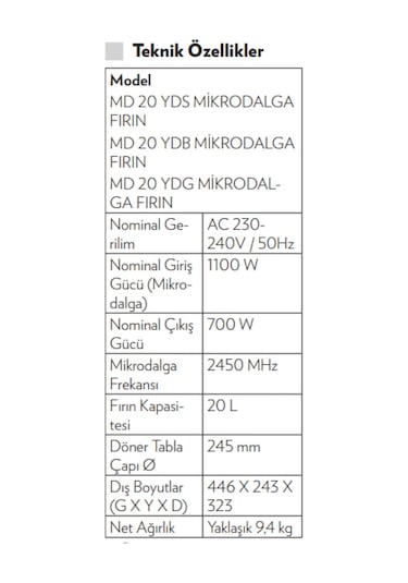 Vestel MD 20 YDG 20 LT Mikrodalga Fırın