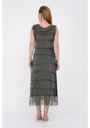 Italyan 2 Beden İnce Gösteren Kat Kat Kolsuz Ipek Elbise Koyu Haki