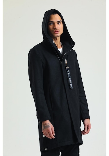 Erkek Regular Fit Kapüşonlu Fermuarlı Cepli Kışlık Astarsız Yünlü Uzun Kaşe Kaban 001