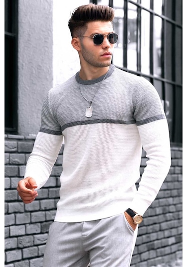 Madmext Madmext Beyaz Renk Bloklu Erkek Kazak 4734-beyaz Beyaz