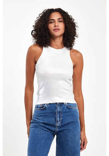 Lamaisonviolet Halter Yaka Metalik Detay Atlet Tişört Beyaz