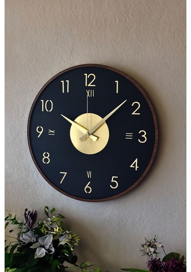 Ahşap Dekoratif Alcyone Gold - Kahverengi Duvar Saati 48cm Siyah - Gold