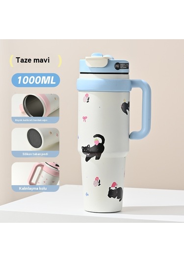 Jian Fan Termos Kupası Kız Çocuk Büyük Kapasiteli Buz Fincan Hasır Bardak - Pembe Pembe