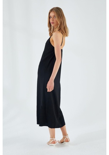4252 Kadın İp Askılı V Yaka Elbise Siyah Siyah