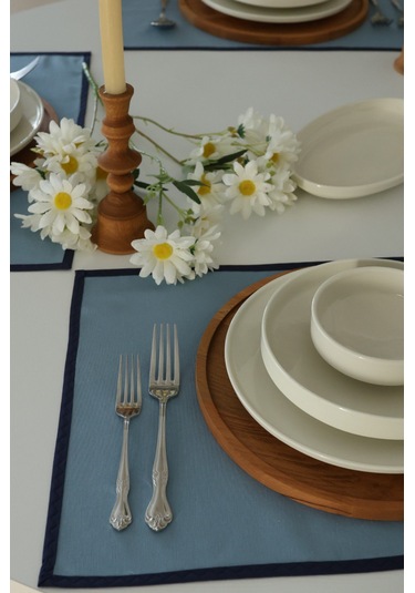 Yakacihome 4'lü Pera Mavi Biye Detaylı Duck Keten Yıkanabilir, Leke Tutmaz Supla Amerikan Servis Seti Mavi