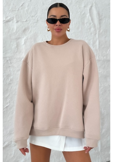 Modagen Kadın Bej Bisiklet Yaka Yanı Yarım Fermuar Detaylı Sweatshirt Bej