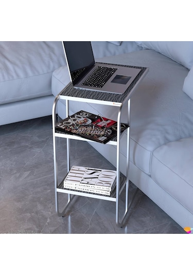 Modilayn C Yan Sehpa Dar Boy Tekerlekli Çalışma, Atıştırmalık, Yemek, Laptop Sehpası Siyah Çizgili Siyah