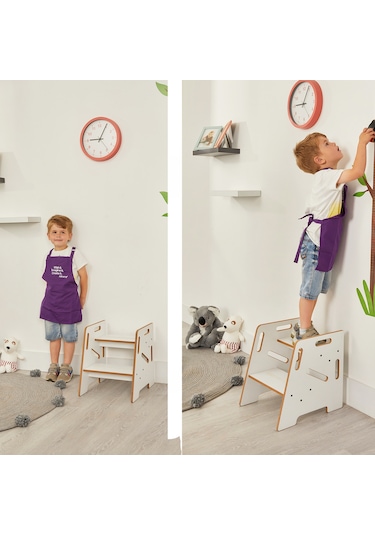 Minera Çocuk Yetişkin Montessori Ahşap Basamak Yükseltici Tabure Beyaz