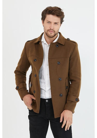 Mero Life Erkek Taba Kemerli Kaşe Kaban Trenç Model Taba