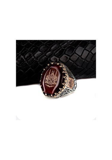 925 Ayar Gümüş Cami Motifli Kehribar Taşlı Erkek Yüzük