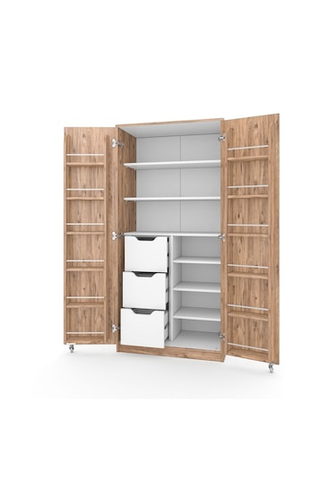 165 Derece Açılabilir 2 Kapaklı, 3 Çekmeceli, Kavanoz Raflı Kiler Ve Erzak Mutfak Dolabı Atlantik Çam