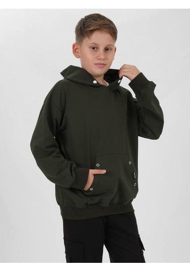 Çocuk Çıtçıt Detaylı Kapüşonlu Pamuklu Sweatshirt-14837 Haki