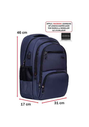 Dada 04 Lacivert Laptop Sırt Çantası 14-15,6 İnç Usb Aparat Ortopedik Sırt  Darbe Emici Koruma