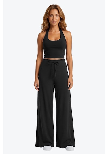 Cottonhill Siyah Viskon Basic Yüksek Bel Bol Paça Bağcıklı Kadın Pantolon Cottonhill Siyah Viskon Basic Yüksek Bel Bol Paça Bağcıklı Kadın Pantolon