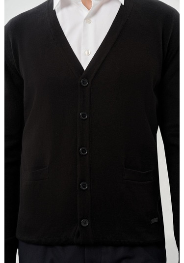 Siyah Uzun Kol Örme V Yaka Comfort Fit Rahat Kesim Klasik Triko Siyah