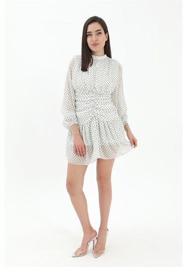 Büzgülü Puantiyeli Şifon Elbise - Ekru-ekru Ekru