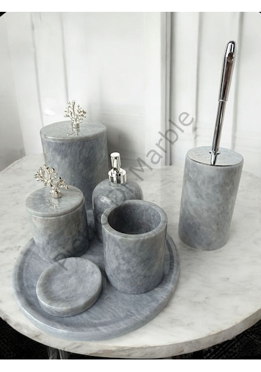 Gri Mermer Klasik Model 7 Parça Gümüş Renk Mercan Aksesuarlı Banyo Seti Gri