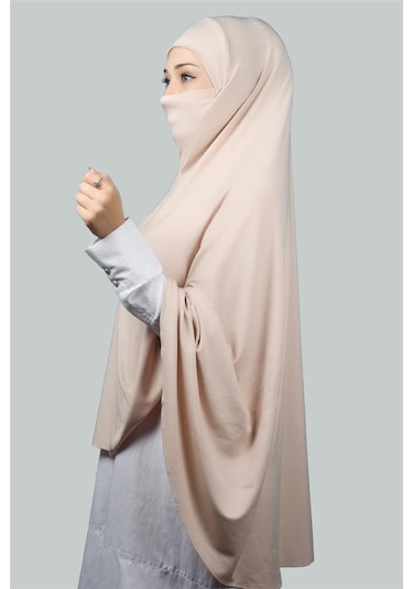Altobeh Hazır Türban Peçeli Pratik Eşarp Tesettür Nikaplı Hijab - Namaz Örtüsü Sufle (5XL) - Bej