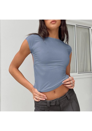 Şarap Kırmızısı Kadın Yaz Backless Kıyafetler Streetwear O-boyun Kısa Kollu Slim Fit Tişörtler Nefes Kırpılmış Üst İki Yolu Giyen Xs-l