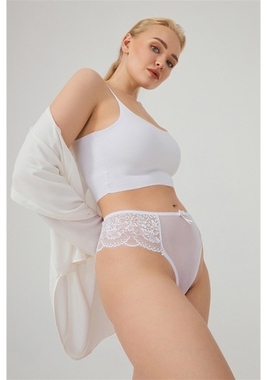 Dantelli Tül Detaylı Büyük Beden Kadın Brezilya 3'lü Paket Külot 550331209 Çok Renkli