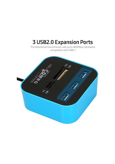 Vkemall Usb2.0 Hub Ve Kart Okuyucu - 3 Usb2.0 Portu, Tf/sd/ms/m2 Kart Slotları, 480mbps Aktarım Hızı, Plug & Play, Abs Malzeme