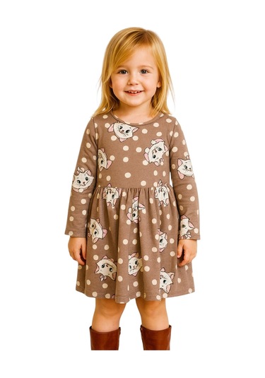 Kedili Kız Çocuk Elbise Kahverengi
