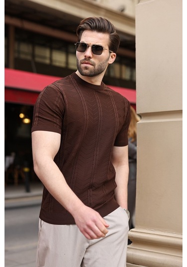 Kahverengi Bisiklet Yaka Slim Fit Triko Erkek Tişört E7466