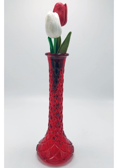 El Yapımı Kırmızı Renk Baklava Model Cam Karanfillik 25cm