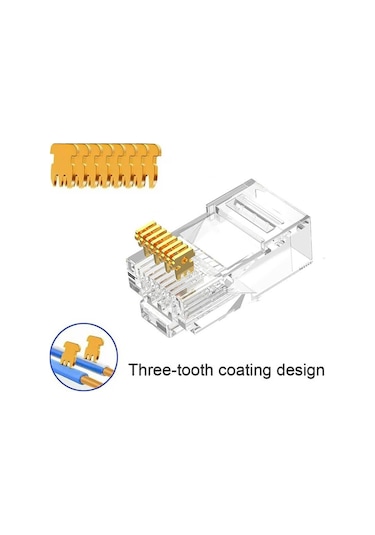 Koodmax - 100 Adet - 3u" 3 Micron Gold Plated Cat6 Ez Rj45 Yeni Nesil Delikli Konnektör Uç Jack