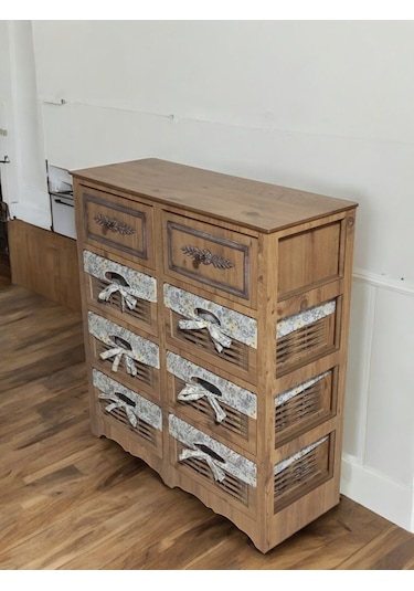 Ahşap 8 Çekmeceli Hasır Görünümlü Sebzelik Atlantik Çam