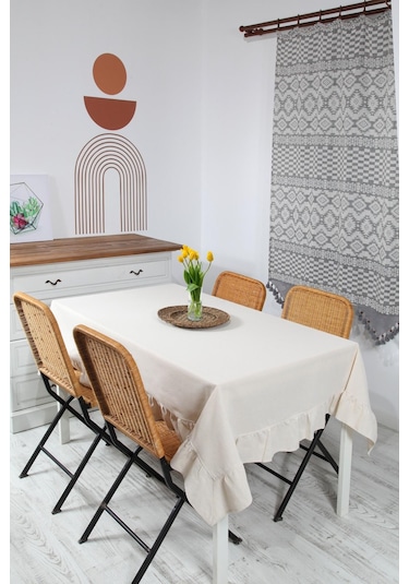 Naturel Fırfırlı Masa Örtüsü Vintage Krem